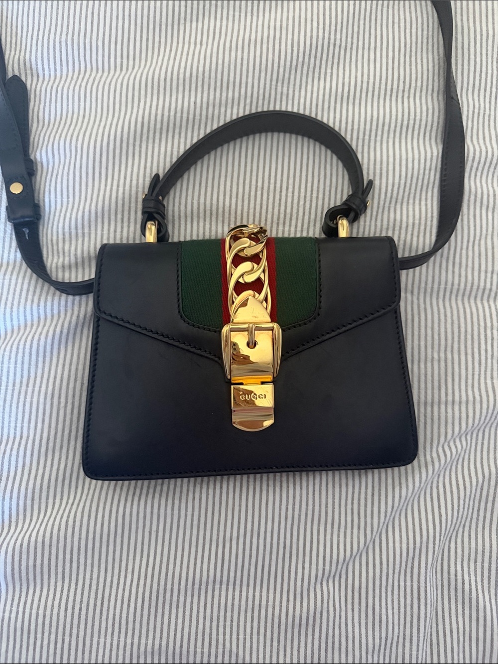 Gucci Black Leather Top-Handle Satchel with Green & Red Web and Gold Hardware